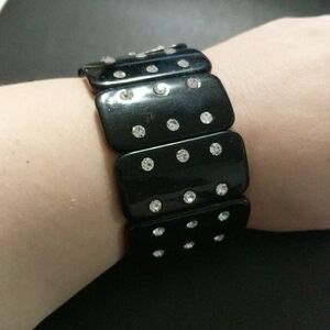 𝅺Black Plastic Clear Rhinestone Chunky Stretchy Elastic Statement Bracelet